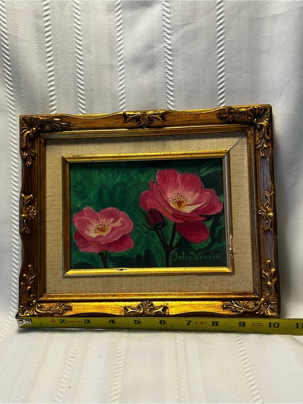 Vintage Signed Hand-Painted Pink Floral Green Ornate Gold Frame Original Artwork